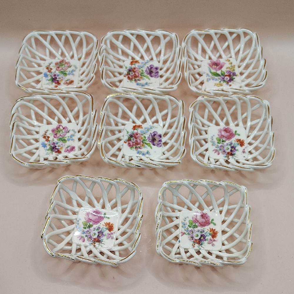 Vintage Porcelain Floral White Woven Ceramic 3 Inch Square Trinket Dishes.